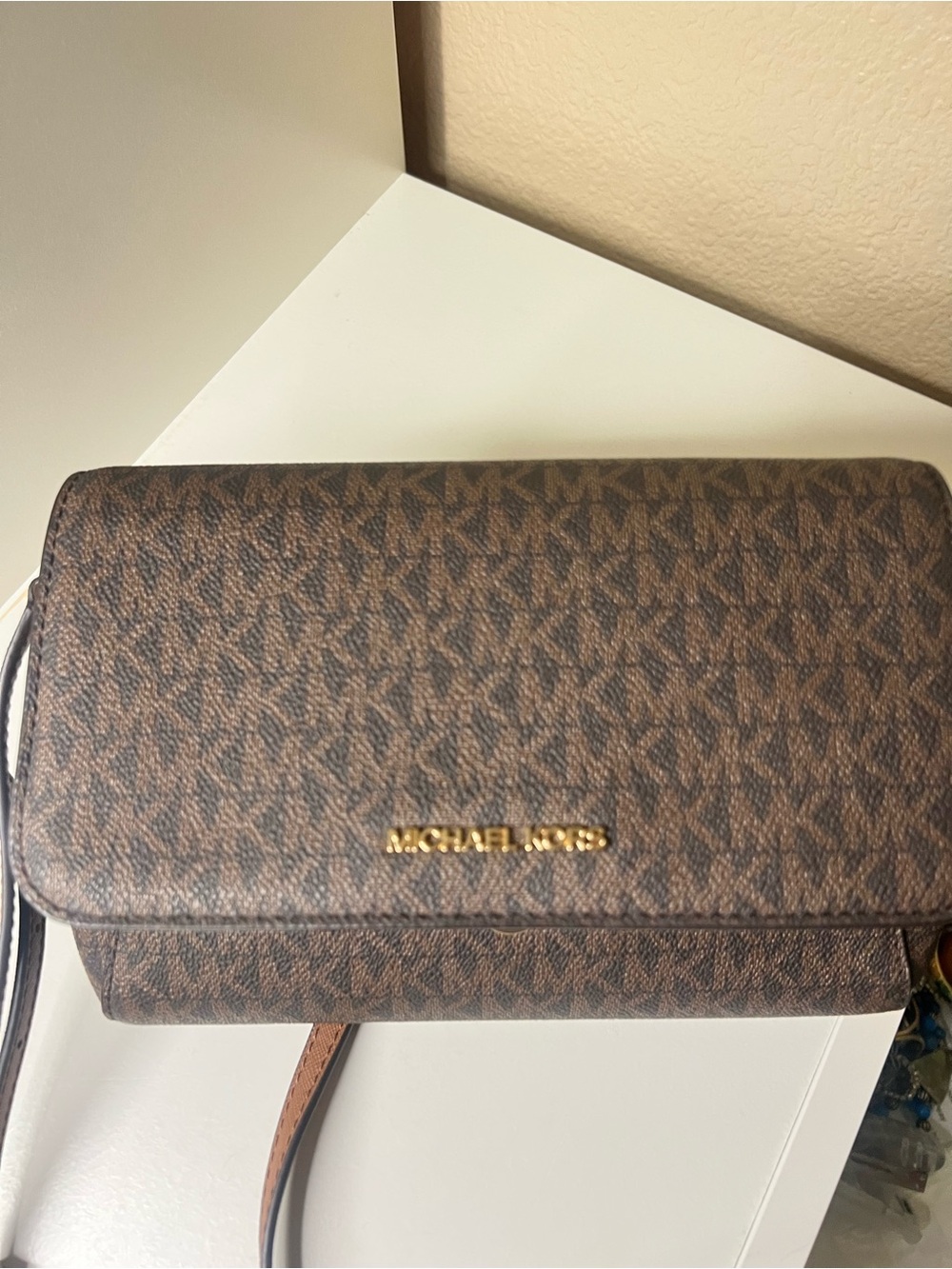 Michael Kors MK Logo Medium Flap Crossbody Bag Brown Acorn Gold Hardware MK Bag